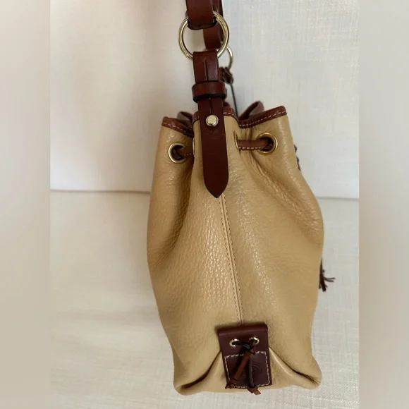 Vintage Dooney & Bourke Tan and Brown Leather Drawstring Bucket Bag